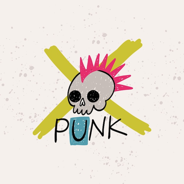 Schedel met mohawk Punk muziekkaart Hand getrokken rock sticker Grunge embleem poster of print doodle tekening Vintage of modern embleem 90s stijl kleurrijke cartoon plat geïsoleerde vector illustratie