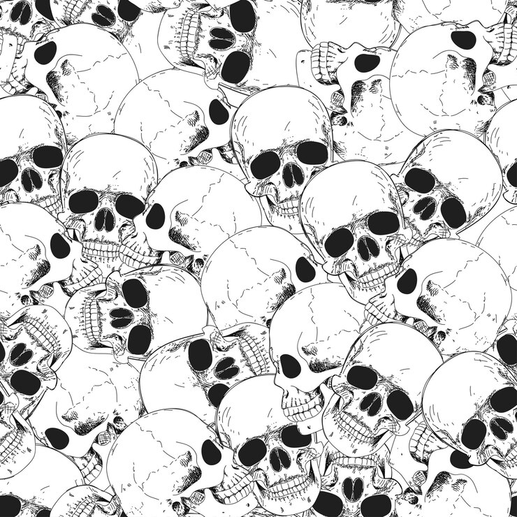 Schedel naadloos patroon Halloween behang Menselijk skelet hand tekening achtergrond