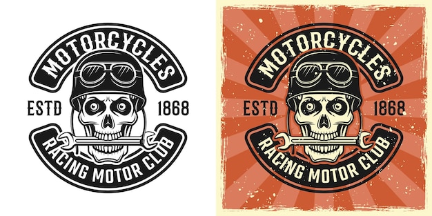 Schedel van biker in helm met moersleutel in tanden vector embleem, badge, label, logo of t-shirt print in twee stijlen zwart-wit en vintage gekleurd