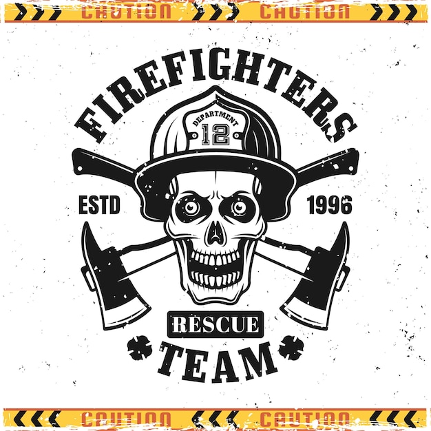 Schedel van brandweerman in helm en gekruiste assen vector embleem, badge, label of logo in vintage stijl geïsoleerd op de achtergrond met grunge texturen op afzonderlijke lagen