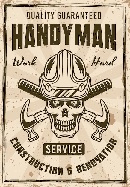 Schedel van werknemer in harde hoed en gekruiste hamers vintage poster voor bouw service vectorillustratie Gelaagde aparte grunge textuur en tekst