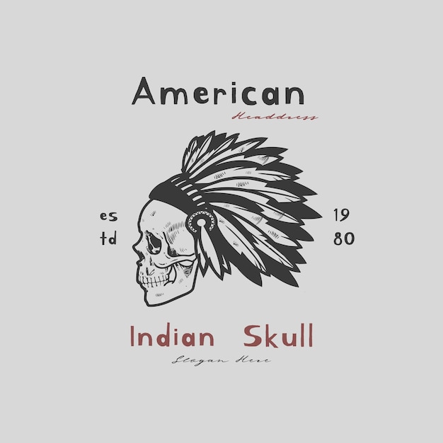 schedelhoofd met Indiaanse hoofdtooi. Ontwerpelement voor logo, label, teken, embleem, poster.