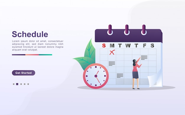 スケジュールと計画のコンセプト、個人学習計画の作成、ビジネス時間の計画、イベントとニュース、リマインダーとスケジュール。 webランディングページ、バナー、モバイルアプリに使用できます。フラットなデザイン