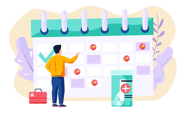 Vector schedule of treatment procedures and taking pills concept of system reminder regular to visit doctor male patient stands near a large calendar with marks points with hand back view flat vector