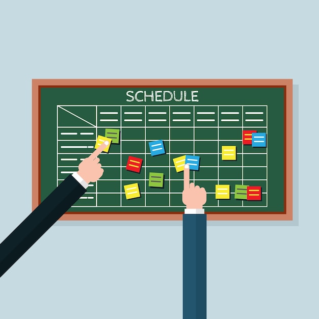 Schedule with grid time table on green chalkboard.