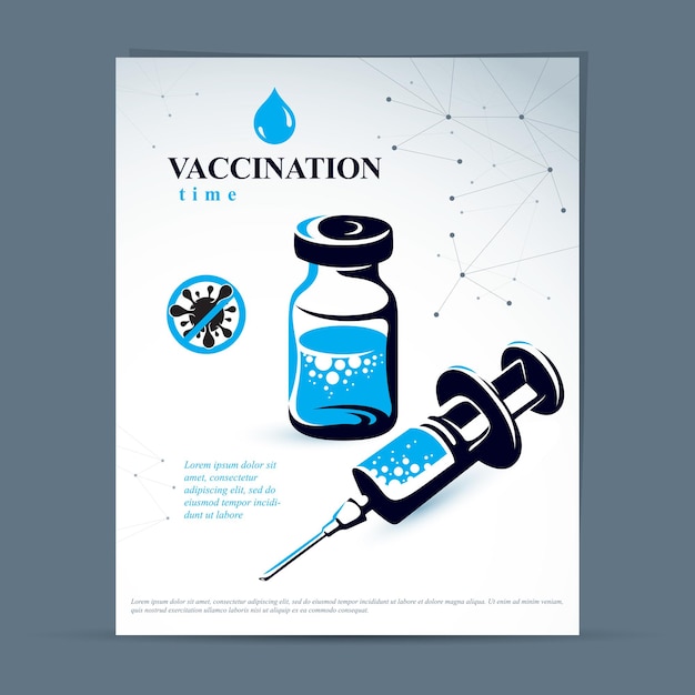 Scheduled vaccination theme presentation flyer. Vector graphic illustration of medical bottle and syringe for injections.