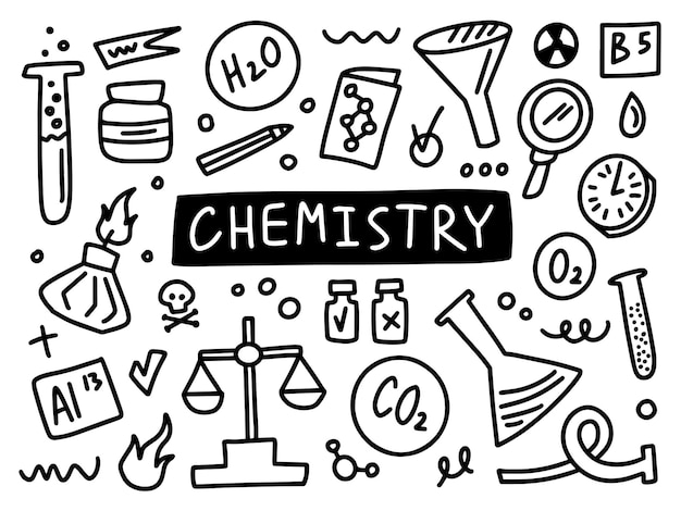 Scheikunde doodle lijn set school universiteit overzicht onderwerp