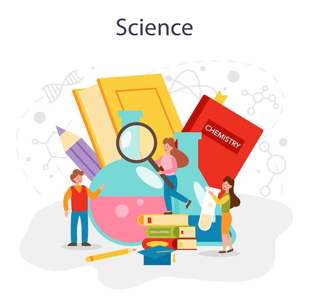 Scheikunde studeren concept scheikunde les scheikundig element moleculaire structuur studeren wetenschappelijk experiment in het laboratorium met chemische apparatuur platte vectorillustratie