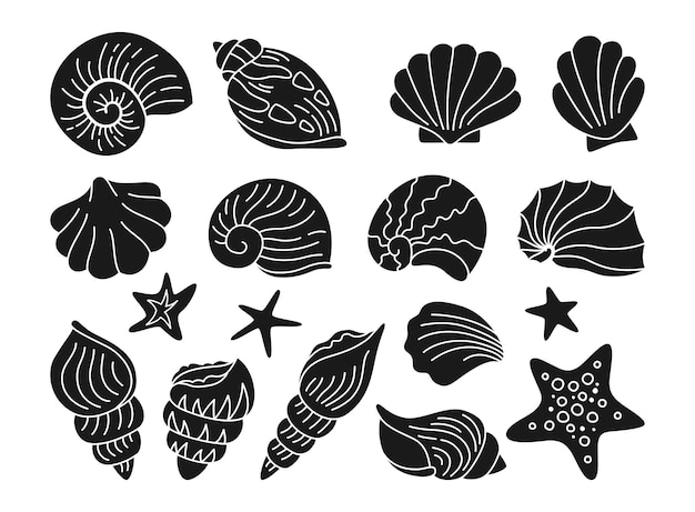 Schelpen stempel stencil set oceaan mariene zeester weekdier conch wastafel merk vector voor drukpers