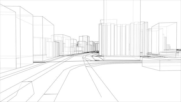 建物や道路のある3D都市の概略図またはスケッチ。アウトラインスタイル。 3Dイラストベクトル。建設業界のコンセプト