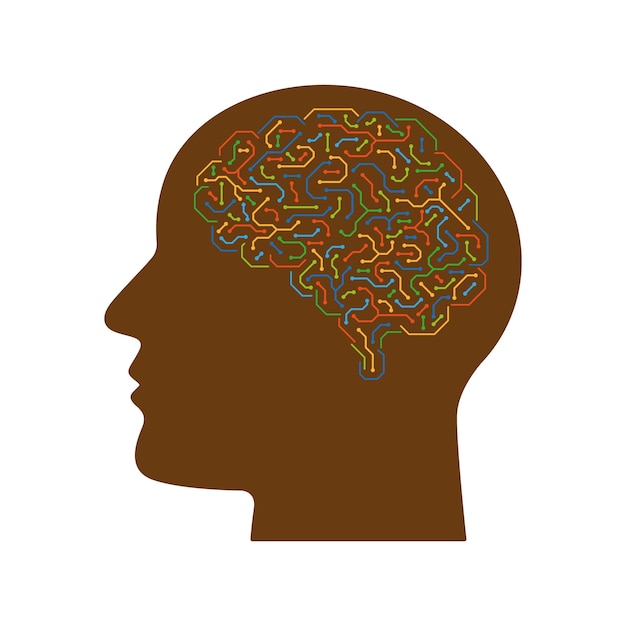 Schematische weergave van een menselijk hoofd met een brein Hersenen uit kleurenschema's