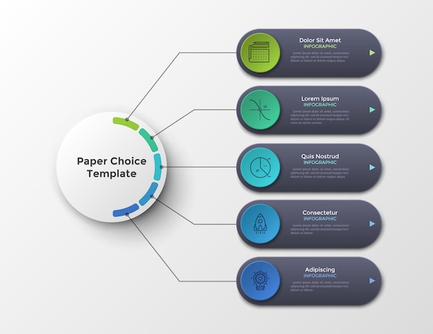 Scheme or flowchart with five elementsor options connected to main circle by lines. Clean infographic design template. Vector illustration for 5-stepped business plan or project visualization.