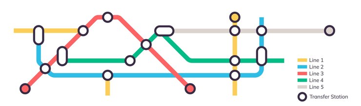 지하철 역의 계획과 다채로운 선으로 지하철의 계획 지하철의 가상의 지하철 지도