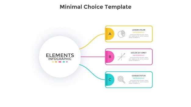 Scheme with 3 rectangular elements connected to main circle. Concept of three business options to choose. Modern infographic design template. Minimal flat vector illustration for presentation, banner.