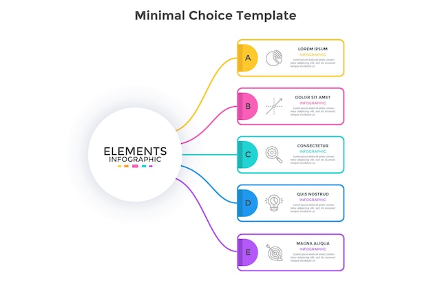 Scheme with 5 rectangular elements connected to main circle. concept of five business options to choose. modern infographic design template. minimal flat vector illustration for presentation, banner.