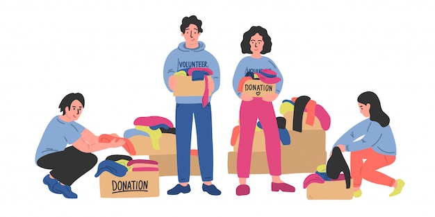 Vector schenking van kleding. een groep vrijwilligers sorteert kleding in kartonnen dozen. vrouw en man met donatieboxen. illustratie.