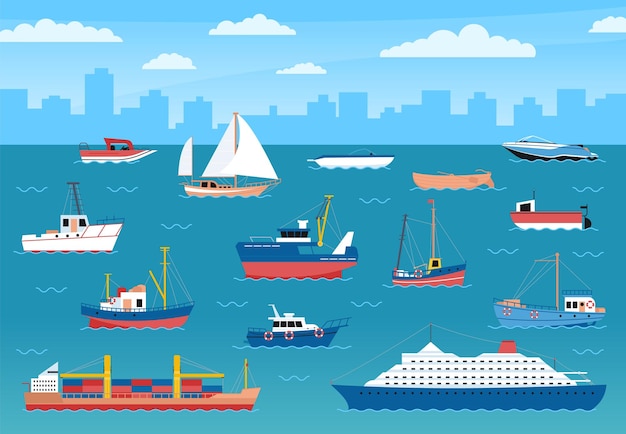 Schepen boten en lading in de oceaan liners en jachten maritiem vervoer en logistiek Zee reizen en avonturen plat fatsoenlijke vector scène