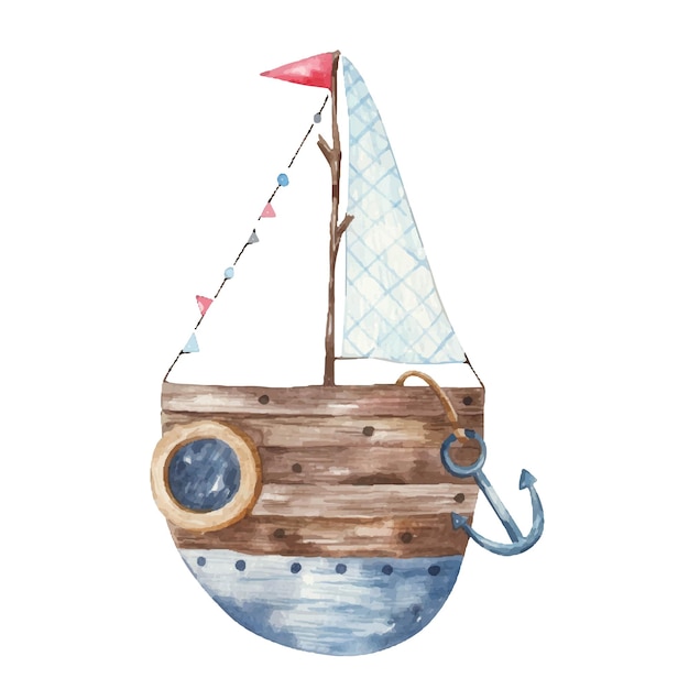 Schepen, jacht, schip met anker, schattige aquarelillustratie voor kinderen op een witte achtergrond