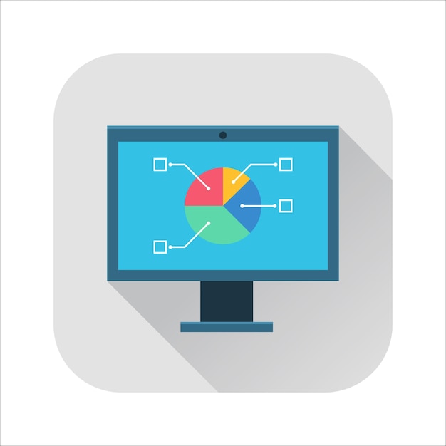 Scherm met cirkeldiagram circulaire statistische grafische weergavegegevens voor presentatie Vector vlakke stijl cartoon illustratie met lange schaduw op grijze achtergrond Bedrijfsconcept