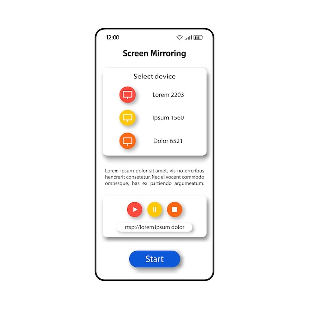 Scherm mirroring smartphone interface vector sjabloon. mobiele app-paginakleurontwerplay-out. afbeelding dupliceren, video op het scherm. platte gebruikersinterface voor toepassing. apparaat selecteren voor weergave van verbindingstelefoon