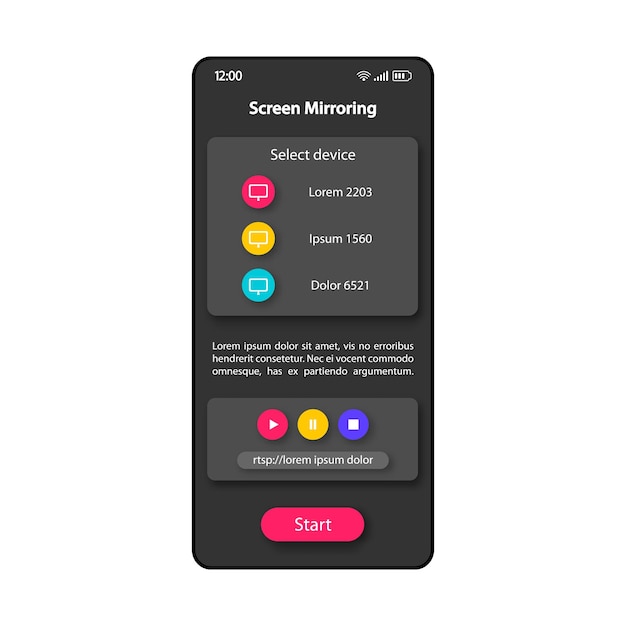 Vector scherm mirroring tool smartphone interface vector sjabloon mobiele app pagina kleur ontwerp lay-out afbeeldingen video reflecterende technologie scherm platte gebruikersinterface voor toepassing start verbinding telefoonweergave