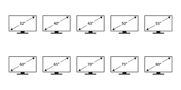 Schermgrootte vector icon set. Schermdiagonaal in 32, 40, 43, 50, 55, 60, 65, 70, 75, 80 inch.