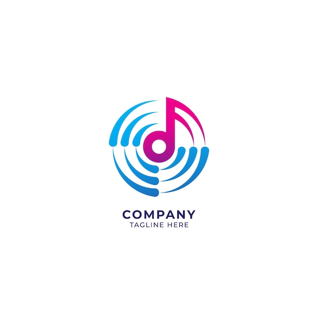 Scherpe muzieknoot in het midden van vortex golf Muziek en wetenschap logo concept Roze magenta blauwe kleurverloop Vector illustratie geïsoleerd op witte achtergrond
