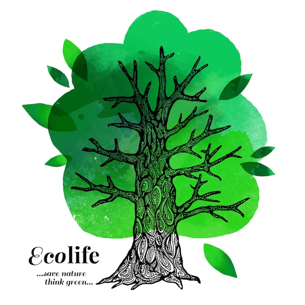 Schets aquarel ecologie poster. hand getekende vectorillustratie van boom