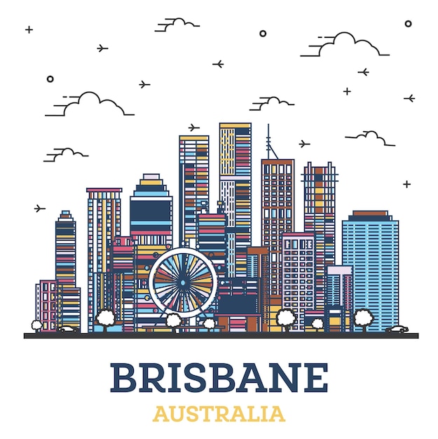 Schets Brisbane Australia City Skyline met gekleurde moderne gebouwen geïsoleerd op wit