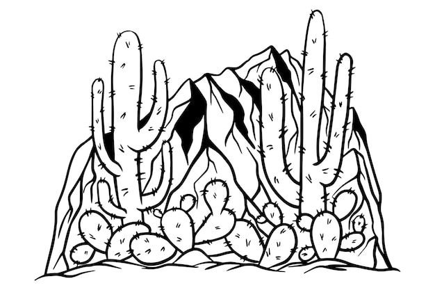 Vector schets cactussen in de bergen van amerika zwart-wit schets van arezona cactussen woestijnlandschap met mescaline cactussen voor tshirt prints camping logo