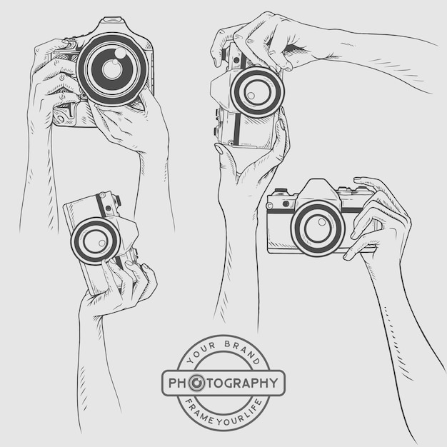 Schets camera in de hand, fotografie illustratie