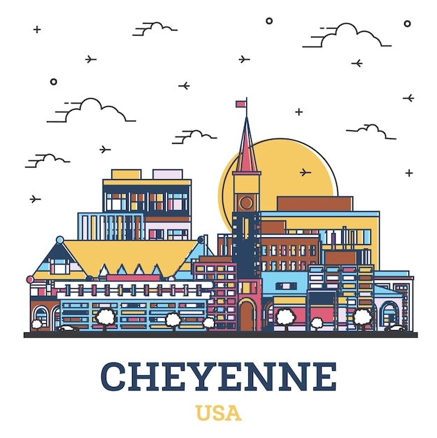 Schets Cheyenne Wyoming USA City Skyline met kleur gebouwen geïsoleerd op wit