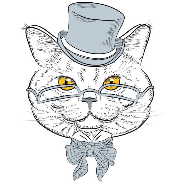 Vector schets close-up portret van grappige britse kat hipster in de grijze hoed brillen en bowtie