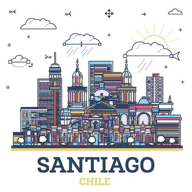 Schets de skyline van de stad santiago chili met gekleurde moderne en historische gebouwen geïsoleerd op wit santiago cityscape met oriëntatiepunten