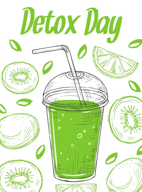 Schets detox poster smoothie glas om groen sap mee te nemen vers fruit vitamine cocktail fitness drankje vector banner