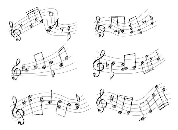 Schets gebogen muzikale staf met notities clefs en tekenen melodie tune of lied geluidsgolven met akkoorden doodle muziek blad lijnen vector set clef schets lijn samenstelling illustratie