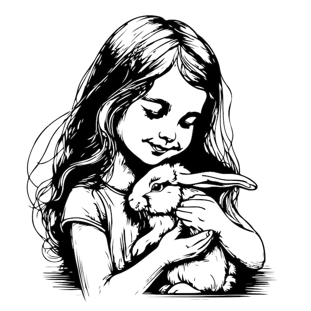 Schets hand getekend gelukkig paasmeisje met een konijn in handen op een witte achtergrond