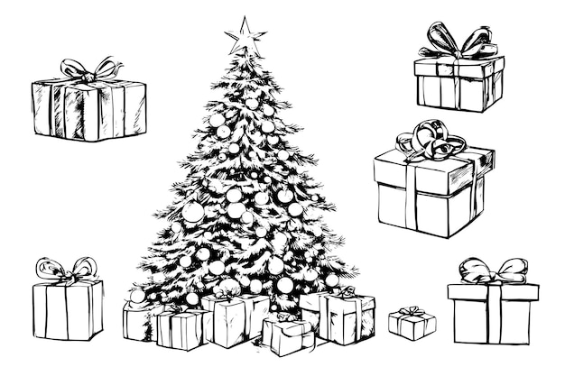 Schets hand getrokken kerstboom en presenteert vector illustratie lijntekeningen