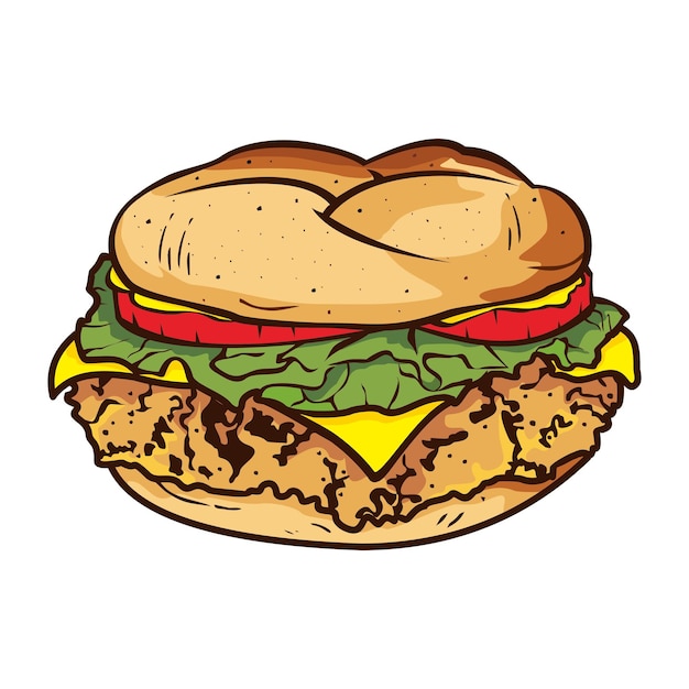 Schets, handgetrokken kip burger, ilustratie hamburger