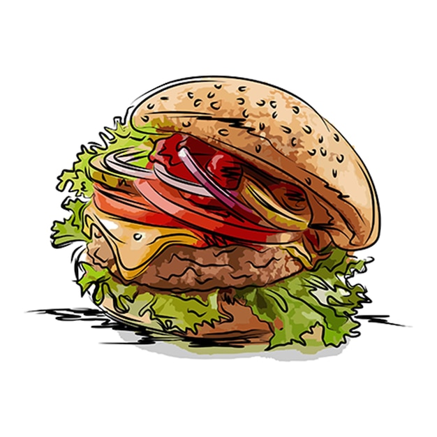 SCHETS, HANDGETROKKEN RUNDVLEES KAAS BURGER, ILUSTRATIE HAMBURGER