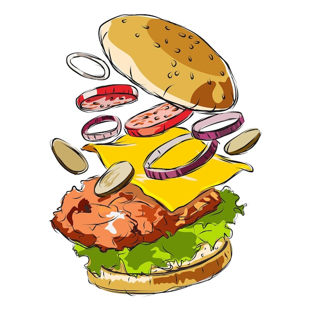 Schets, handgetrokken vliegende 3d hamburger, ilustratie hamburger