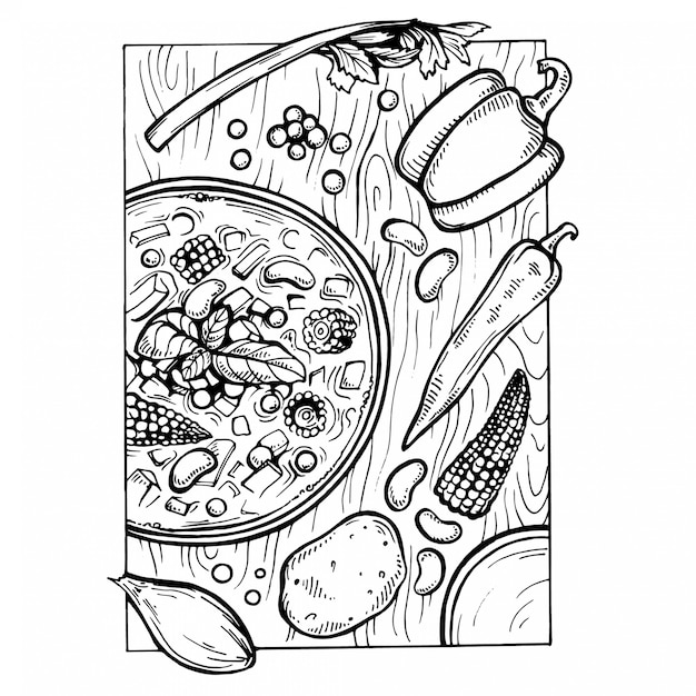 Schets Italiaanse minestronesoep en ingrediënten op de tafel.
