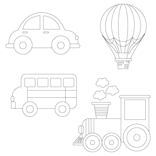 schets kawaii transport clipart set in cartoon-stijl voor kinderen en kinderen inclusief 4 voertuigen