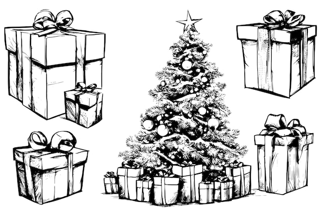 Schets kerstboom met geschenken vectorillustratie