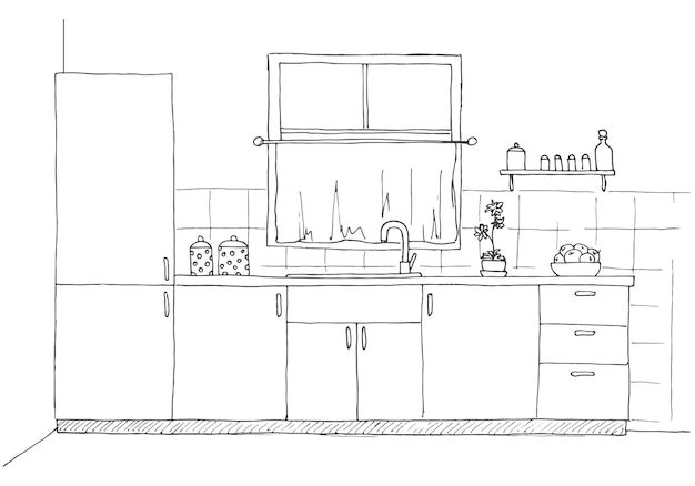 Vector schets keuken met een raam vectorillustratie in een schetsstijl