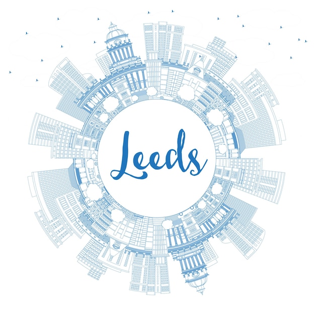 Schets Leeds UK City Skyline met blauwe gebouwen en kopieerruimte