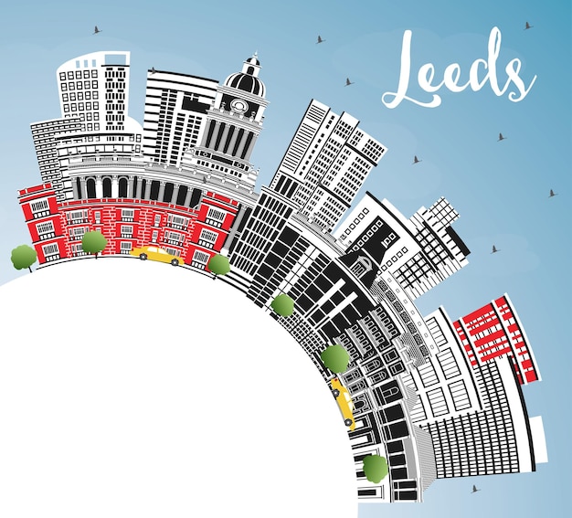 Schets Leeds UK City Skyline met blauwe gebouwen en kopieerruimte