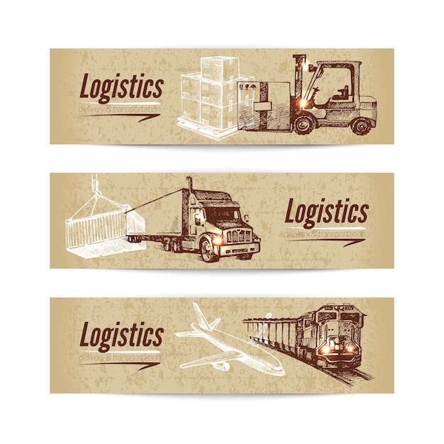 Schets logistiek en levering banner set. Kartonnen achtergronden. Hand getekende vectorillustratie