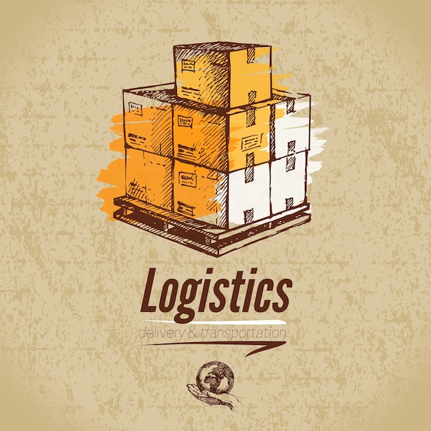 Schets logistiek en levering poster. Kartonnen achtergrond. Hand getekende vectorillustratie