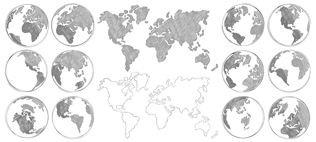 Schets map. Hand getrokken earth globe, tekening wereldkaarten en globes schetsen geïsoleerd